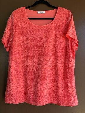 NWOT - Calvin Klein Coral Lace Short Sleeve Scoop Neck Top